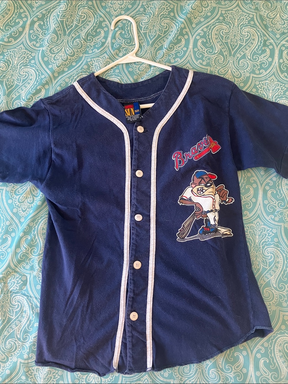 1994 vintage Tasmanian Devil Braves Navy Kids Baseball Jersey
